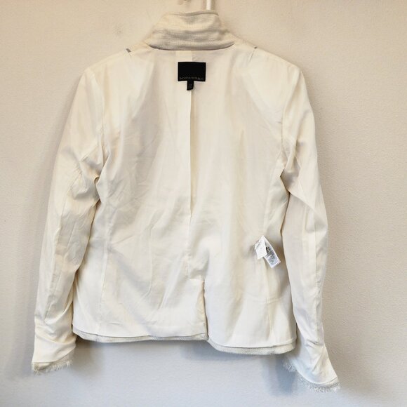 Banana Republic Ivory White Tweed Blazer with Fringe Brass Button Sz 14 Academia - Picture 15 of 16